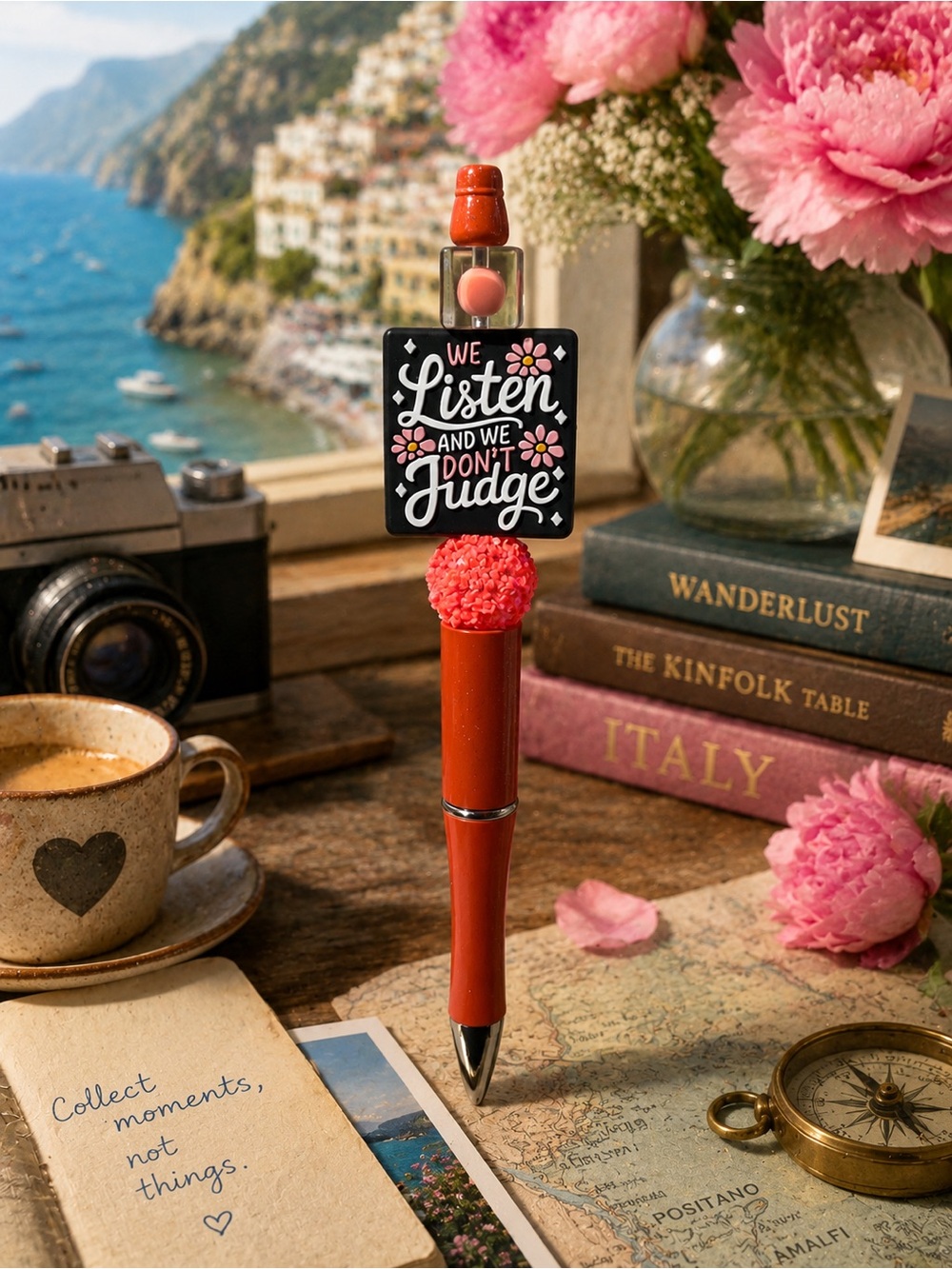 Red Floral Topper Pen with Inspirational Tag